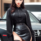 Stylish woman in black outfit leans on luxury car