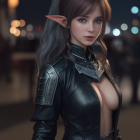 Fantasy female character in black leather armor with pointed ears.