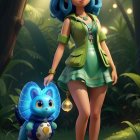 Blue-haired girl and cat-like creature with golden pendants in forest