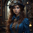 Steampunk woman in blue ruffled garment and decorative hat with gear accessories