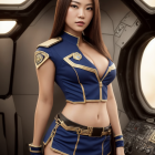 Confident woman in blue and gold military outfit against futuristic backdrop