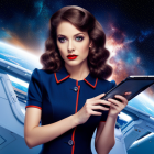 Vintage hairstyle woman in blue retro uniform with tablet, space shuttle backdrop