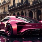 Red sports car on wet cobblestone street with Eiffel Tower at sunset