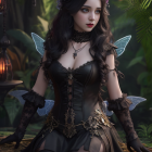 Gothic fairy digital art: dark hair, translucent wings, corset dress, mystical forest background