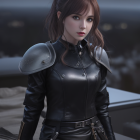 3D Rendered Woman in Black Leather Tunic with Brown Hair