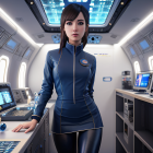 Futuristic digital illustration of woman in blue spacesuit in spacecraft