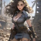 Digital artwork: Female character with flowing hair in post-apocalyptic outfit amidst ruins