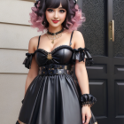 Black and Gold Gothic Lolita Dress with Puffed Sleeves and Choker