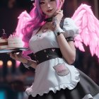 Pink-haired woman in maid costume with wings holding cake in fairy tale setting