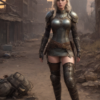 Digital illustration: Woman in medieval fantasy armor in post-apocalyptic ruins