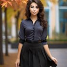 Woman in lace blouse and black skirt on leaf-strewn path with autumn trees