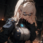 Silver-haired anime character in glasses with police uniform in futuristic cityscape.