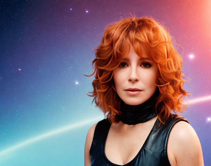 Serious red-haired woman against cosmic background with stars and nebula