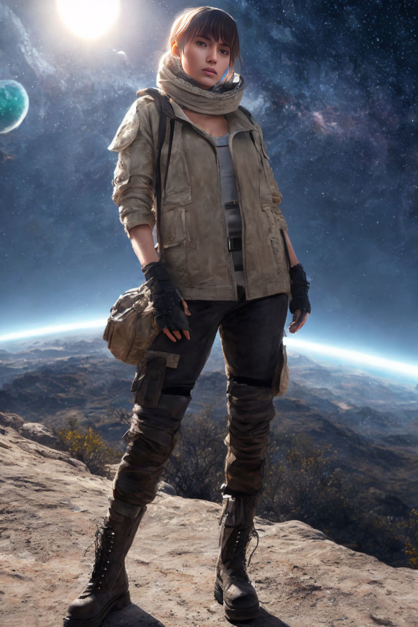 Female explorer in futuristic attire on rocky terrain with planets in sky.