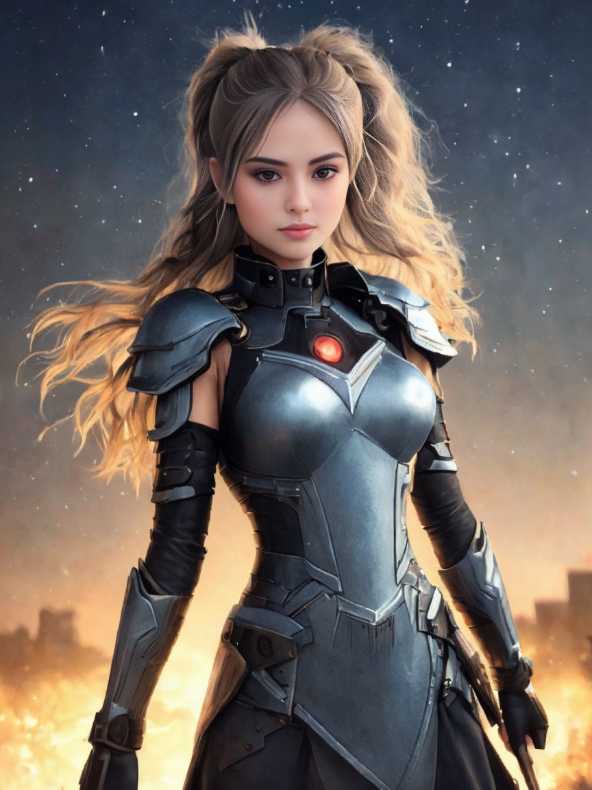 Futuristic armor woman in digital art on smoky battlefield