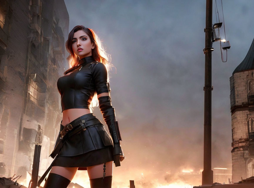 Confident woman in black leather outfit amid fiery explosions and urban destruction