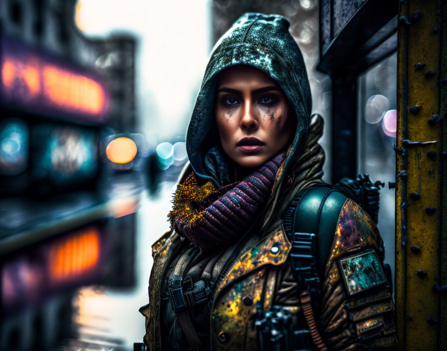 Striking makeup person in hood and scarf in neon-lit urban setting