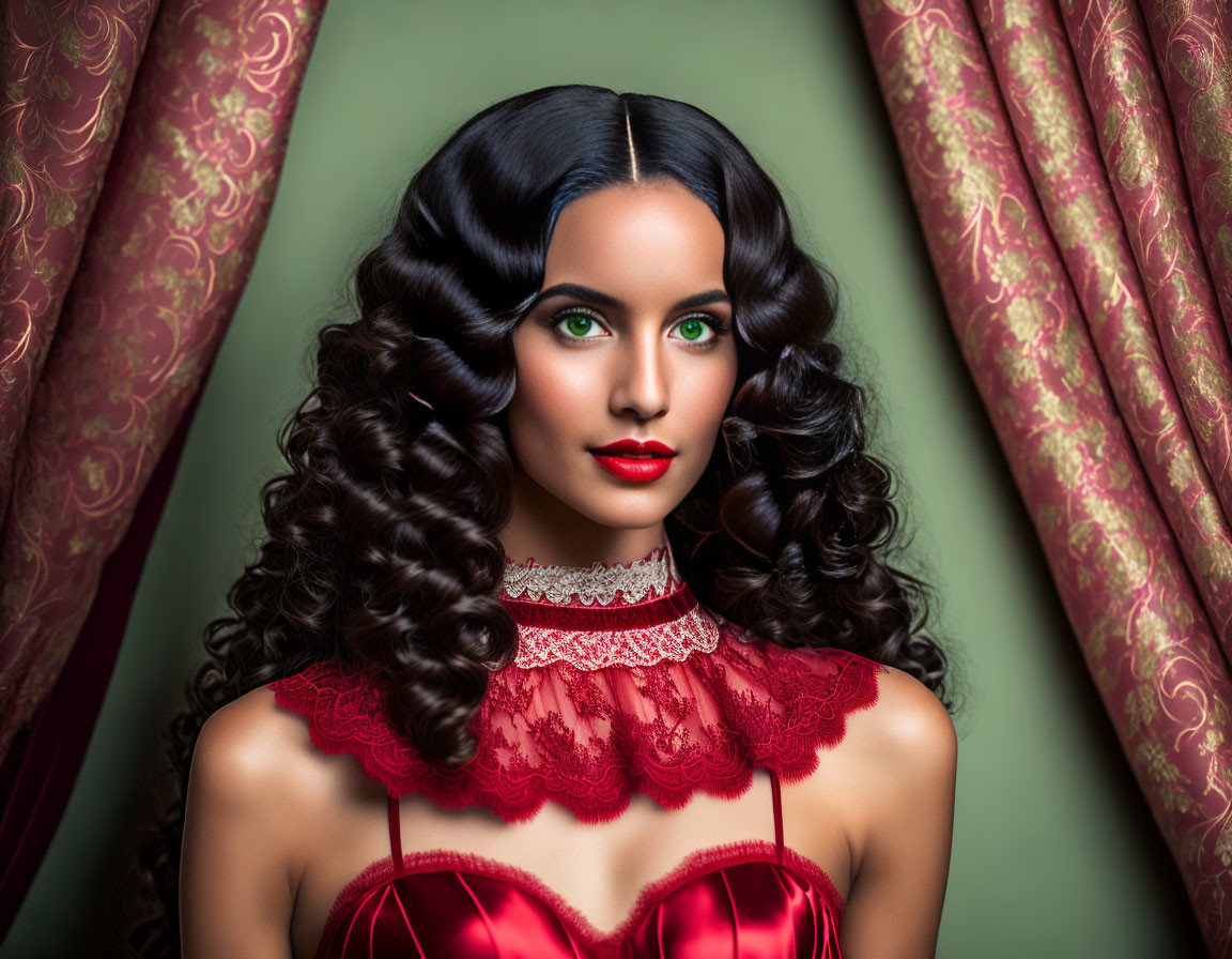 Woman with long dark hair and green eyes in red lace dress against green curtains