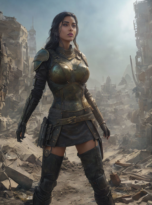 Medieval-inspired armor woman in post-apocalyptic ruins with pistol.