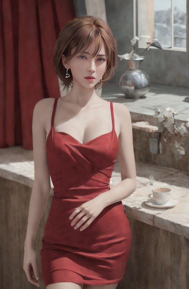 Woman in red dress with teacup and flowers at counter