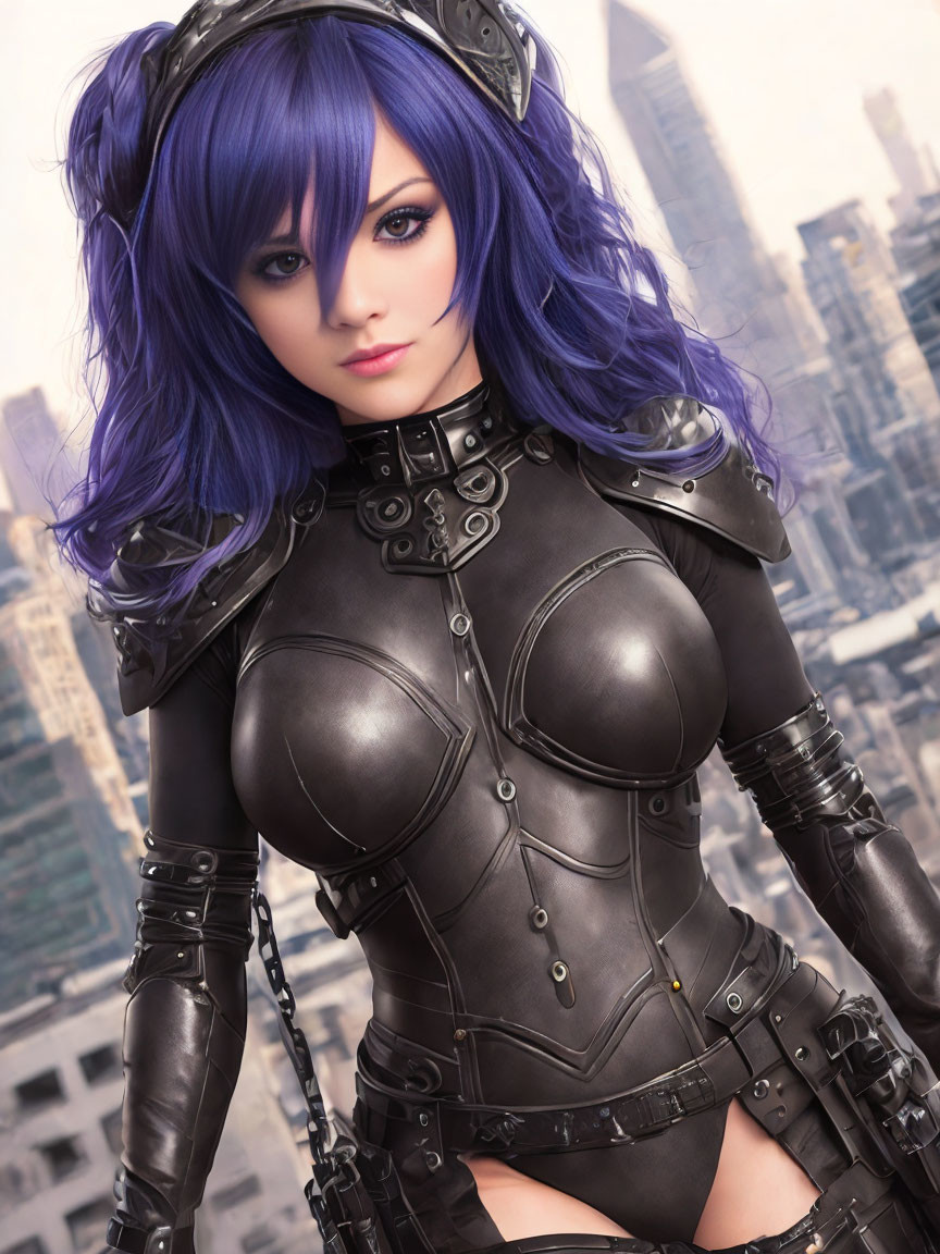 Purple-haired woman in black leather outfit against cityscape.