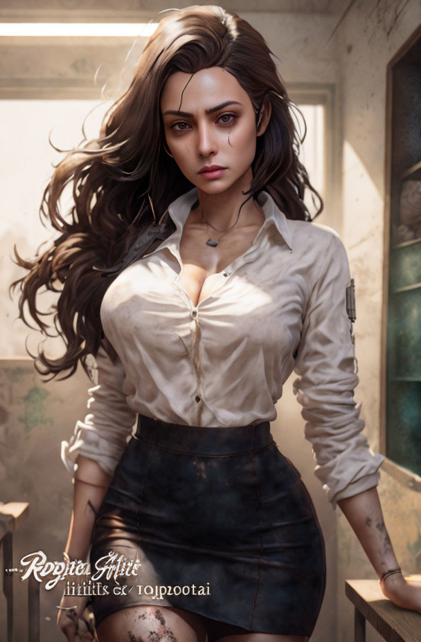 Digital artwork: Woman with long brown hair in white shirt, standing in sunlit room