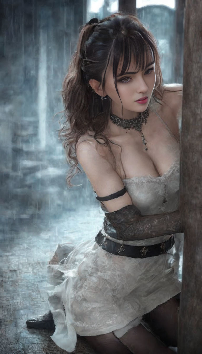 Dark-haired woman in white dress and choker poses in rainy setting