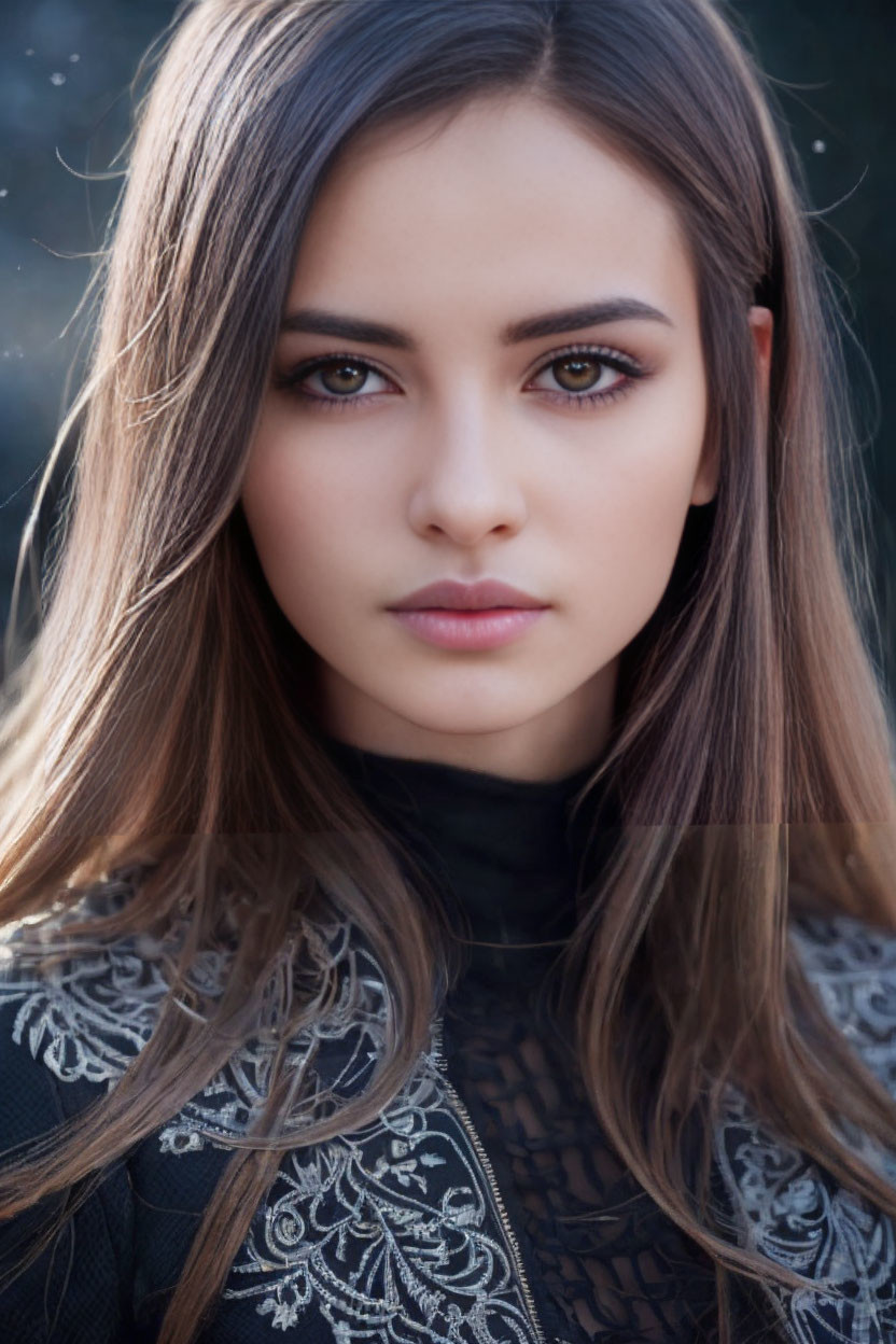 Brunette woman in black lace outfit with brown eyes.