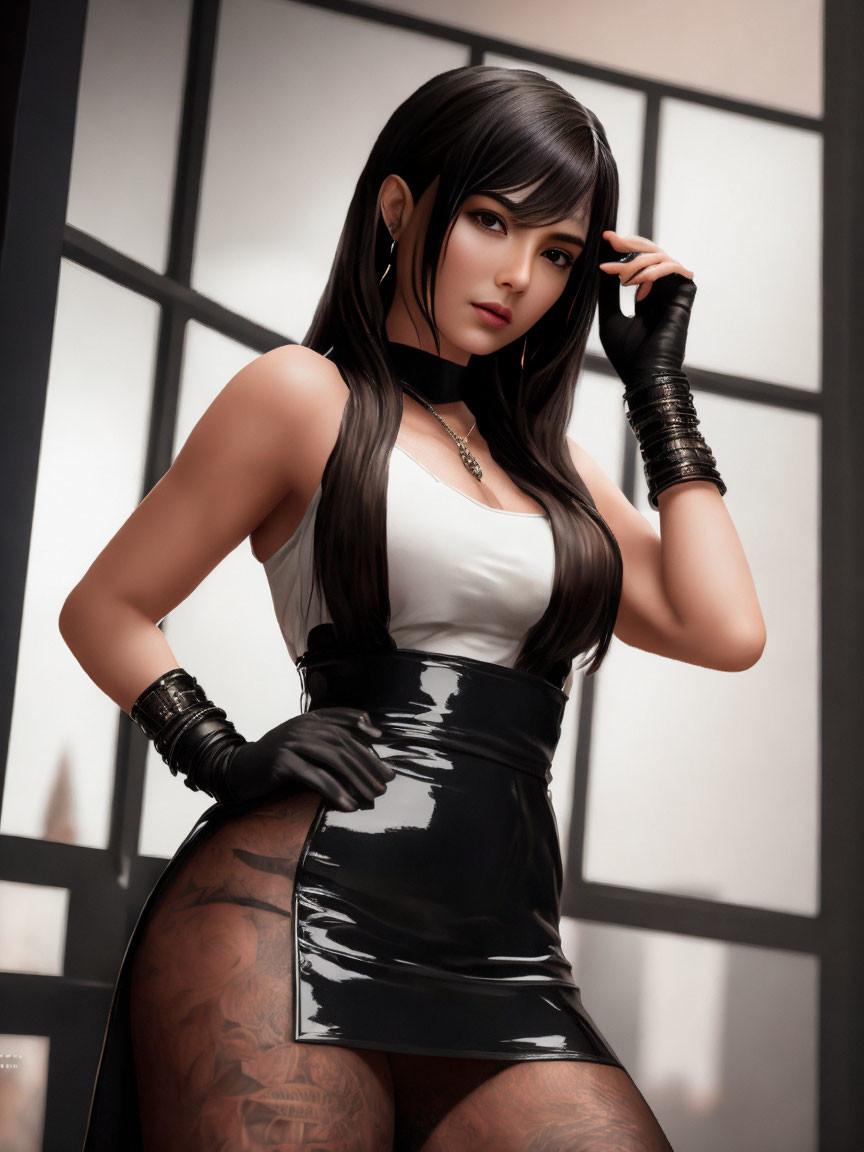 Stylized female character with long black hair in white top and choker