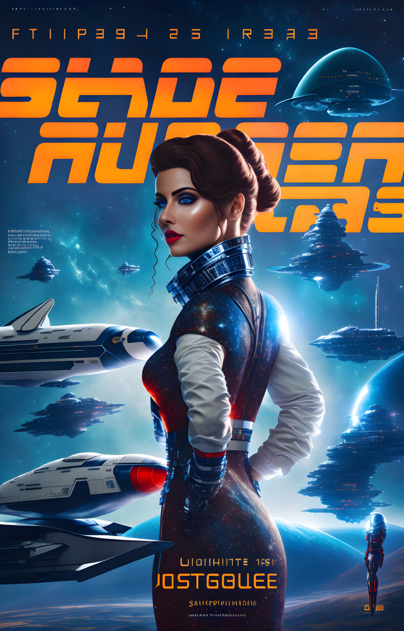 Stylized sci-fi poster: Woman in futuristic suit, spacecraft, alien planet.