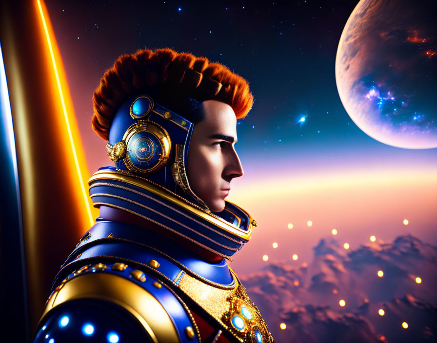 Futuristic warrior in ornate armor on starry sky backdrop