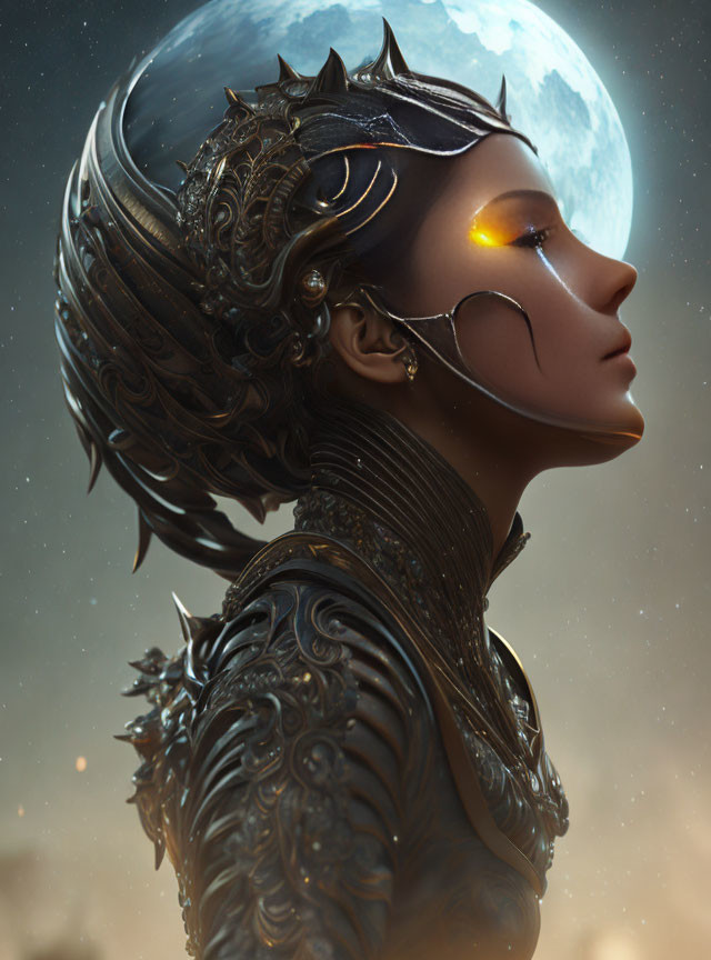 Digital artwork: Woman in ornate helmet and armor with moon background