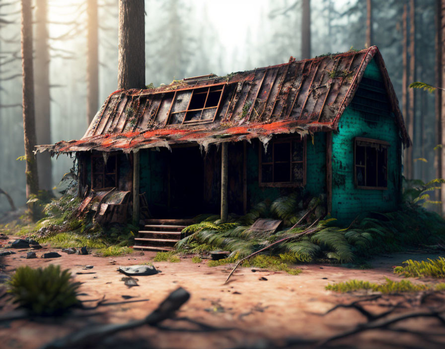 Dilapidated cabin in misty forest with collapsing roof