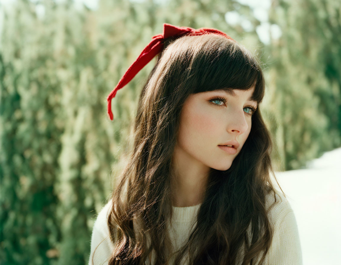 Portrait of woman with bangs and red hair ribbon, looking away, trees in soft background