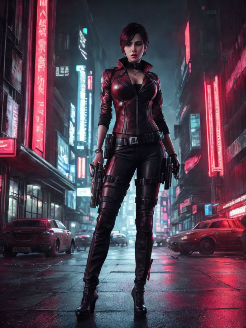 Female character in black and red outfit with gun in futuristic city street at night