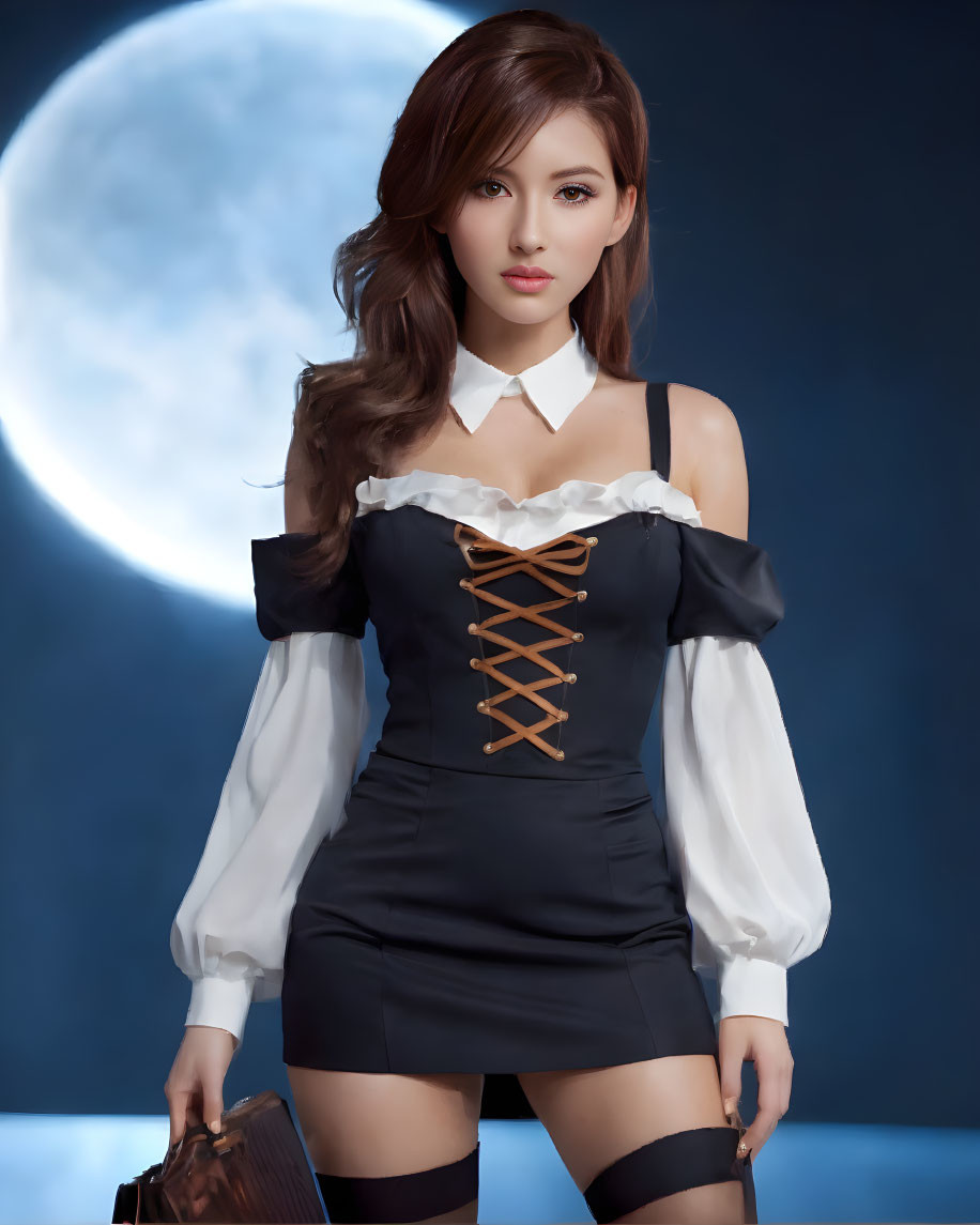 Woman in stylized outfit with full moon backdrop: gothic fantasy theme