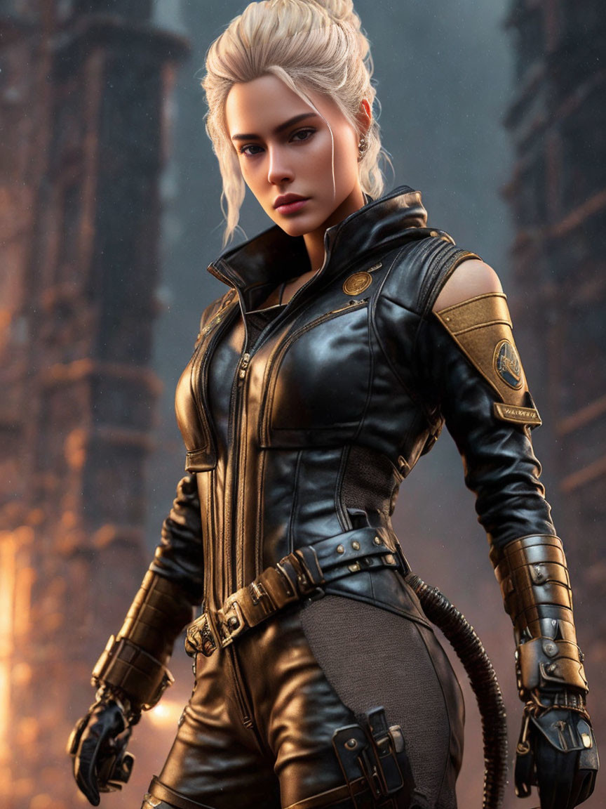 Blonde animated character in black leather outfit with golden details in industrial setting