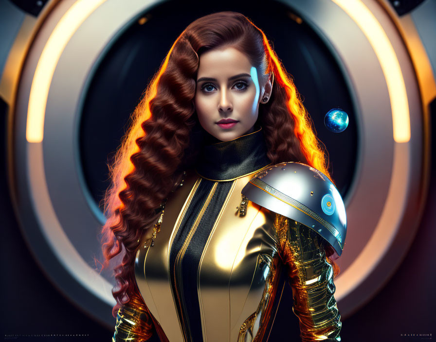 Red-haired woman in futuristic armor with glowing orb in sci-fi setting