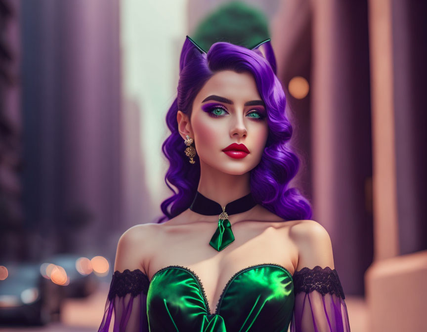 Vibrant woman with purple hair and green eyes in urban setting