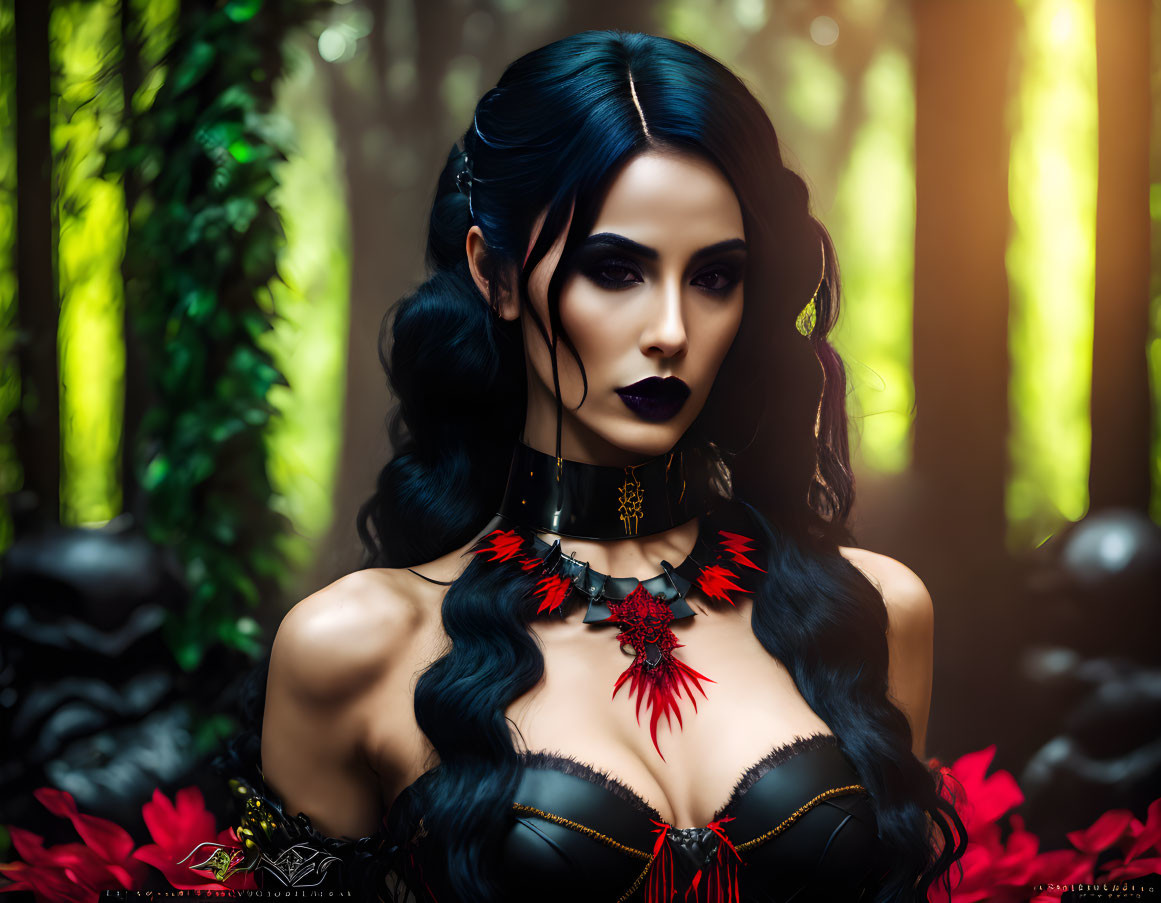 Dark-haired woman in black and red gothic attire in misty forest scene