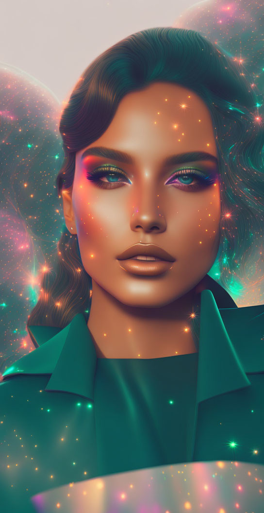 Iridescent Makeup Woman in Celestial Digital Portrait