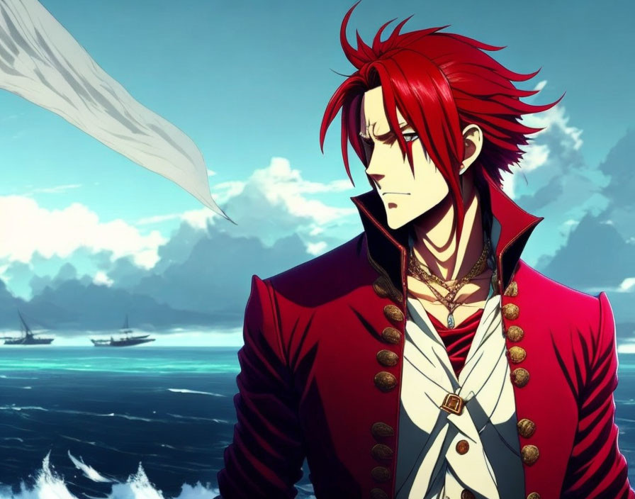 Red-haired animated character in red coat, white shirt, serious expression, with seascape and ships.