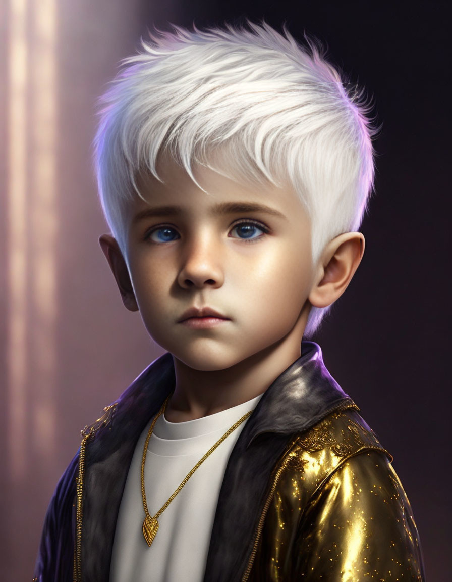 Young boy with blue eyes & blonde hair in golden jacket & chain necklace