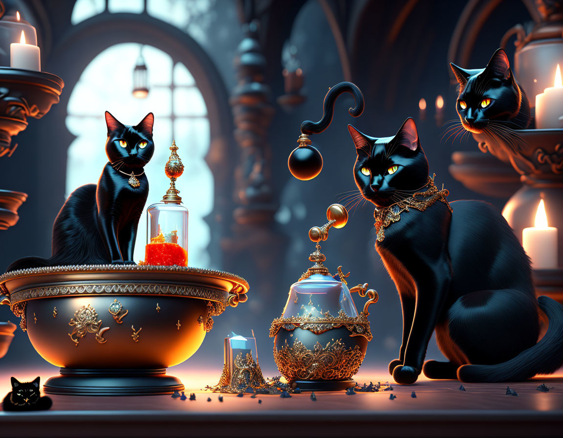 Three black cats with yellow eyes in gothic interior with golden objects and candles