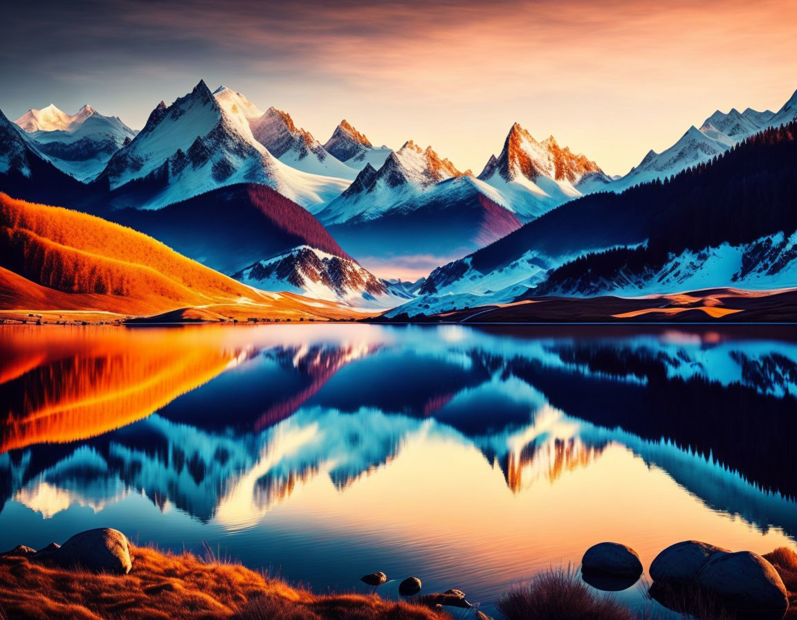 Snow-capped mountain peaks reflecting in serene lake at sunset