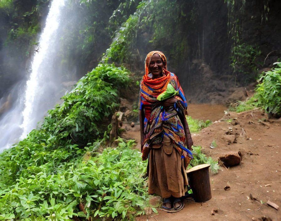 Colorful Traditional Dress Woman Smiling by Waterfall