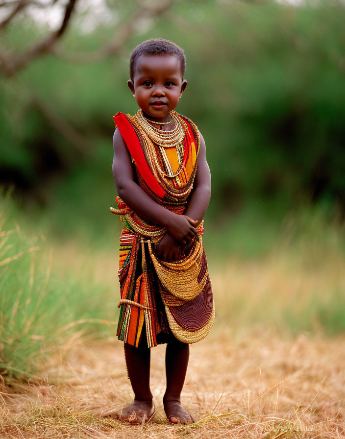 Child in Colorful Traditional Attire on Grassy Field