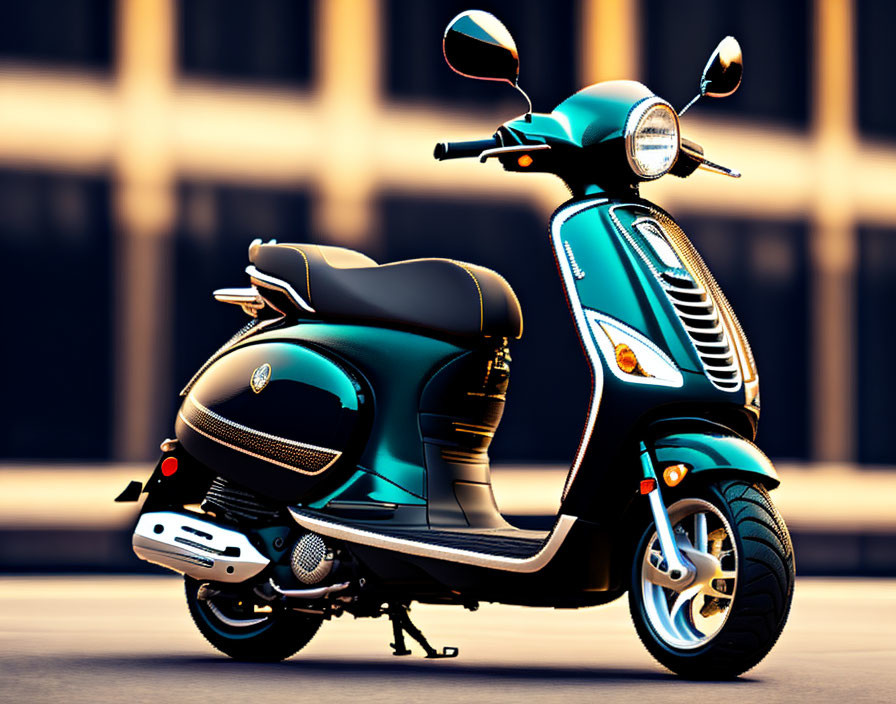 Classic Dark Green and Black Vintage-Style Scooter in City Setting