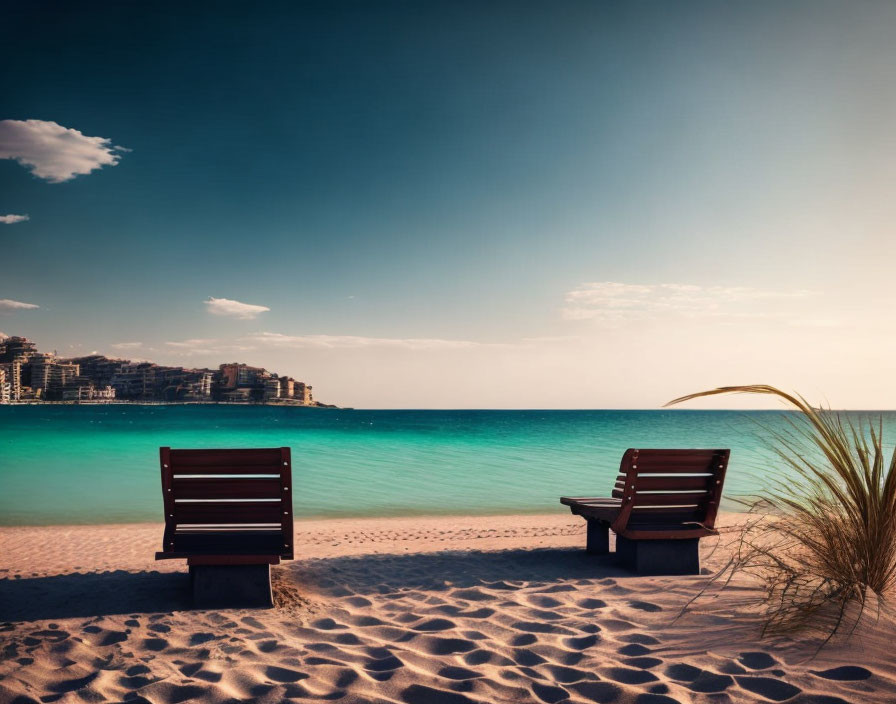 Tranquil beach scene with wooden benches, sea, and sky