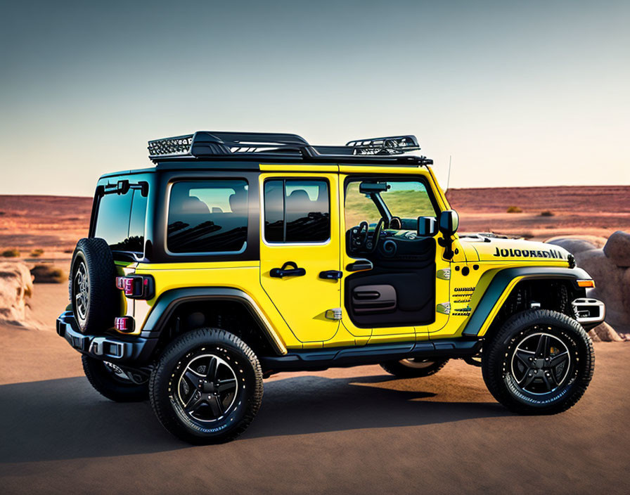 Yellow Four-Door Jeep Wrangler with Roof Rack and Spare Tire in Desert Setting